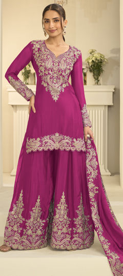 Pink and Majenta color Salwar Kameez in Chinon Silk fabric with Embroidered, Sequence work