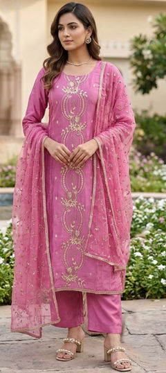 Pink and Majenta color Salwar Kameez in Chanderi fabric with Embroidered, Sequence, Stone work