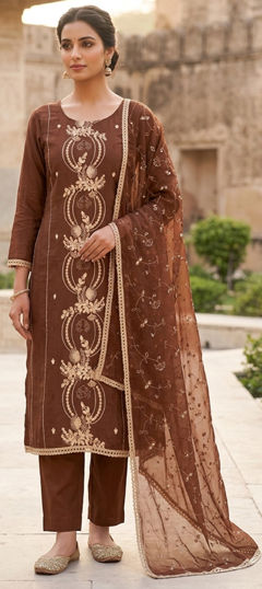 Beige and Brown color Salwar Kameez in Chanderi fabric with Embroidered, Sequence, Stone work