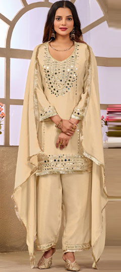 White and Off White color Salwar Kameez in Chinon Silk fabric with Mirror work