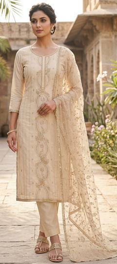 Beige and Brown color Salwar Kameez in Chanderi fabric with Embroidered, Sequence, Stone work