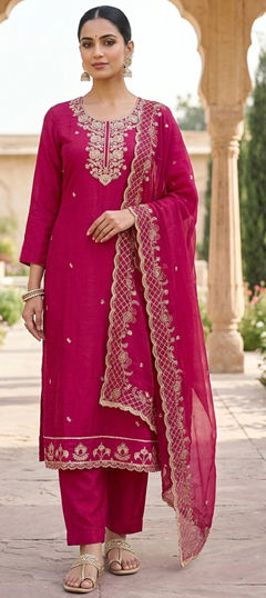 Pink and Majenta color Salwar Kameez in Chanderi fabric with Embroidered, Sequence, Stone work