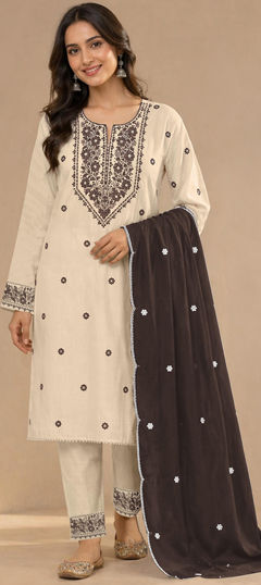 Beige and Brown, White and Off White color Salwar Kameez in Cotton fabric with Embroidered work