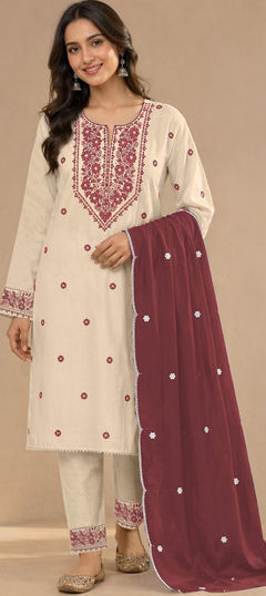 Red and Maroon, White and Off White color Salwar Kameez in Cotton fabric with Embroidered work
