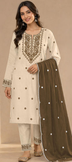 Green, White and Off White color Salwar Kameez in Cotton fabric with Embroidered work
