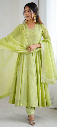 Green color Salwar Kameez in Crushed Silk fabric with Embroidered, Sequence work