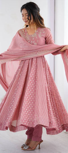 Pink and Majenta color Salwar Kameez in Crushed Silk fabric with Embroidered, Sequence work