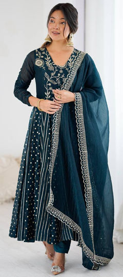 Blue color Salwar Kameez in Crushed Silk fabric with Embroidered, Sequence work