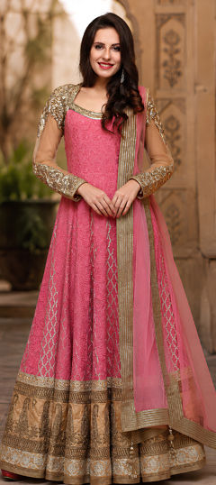 Gold, Pink and Majenta color Salwar Kameez in Georgette, Net fabric with Aari, Border, Dabka, Stone, Thread, Zari work