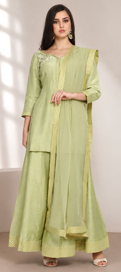 Green color Salwar Kameez in Chanderi Silk, Net fabric with Bugle Beads, Resham, Sequence, Thread work
