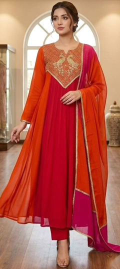 Orange, Red and Maroon color Salwar Kameez in Mul Chanderi fabric with Embroidered, Sequence work