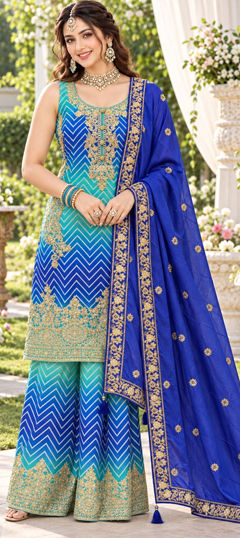 Multicolor color Salwar Kameez in Chinon Silk fabric with Embroidered, Lehariya, Printed work