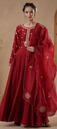 Red and Maroon color Salwar Kameez in Chanderi Silk fabric with Embroidered, Sequence, Zari work