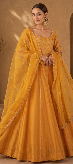 Yellow color Salwar Kameez in Silk fabric with Embroidered, Sequence, Zari work