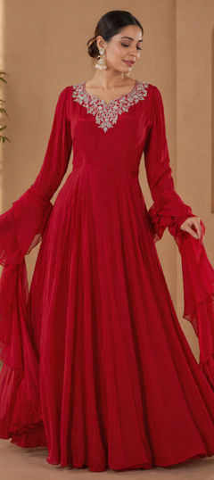 Red and Maroon color Salwar Kameez in Crepe Silk fabric with Embroidered work