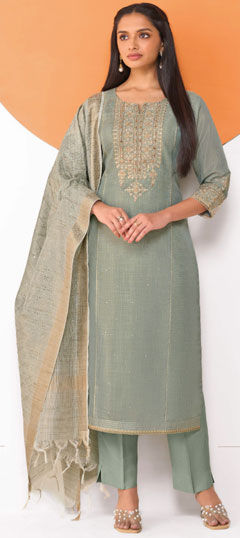 Black and Grey color Salwar Kameez in Blended Cotton fabric with Embroidered, Mirror work