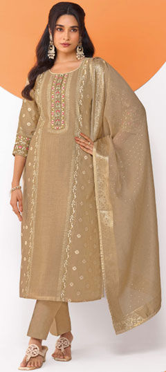 Beige and Brown color Salwar Kameez in Blended fabric with Embroidered, Sequence, Weaving, Zardozi work