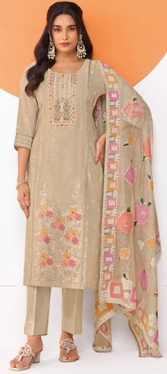 Beige and Brown color Salwar Kameez in Cotton fabric with Embroidered, Sequence, Weaving, Zardozi work