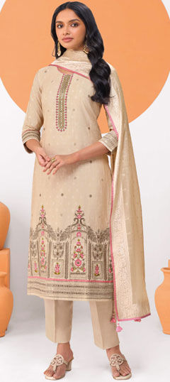 Beige and Brown color Salwar Kameez in Chanderi Silk fabric with Embroidered, Sequence, Weaving work