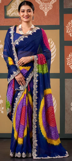 Blue color Saree in Chiffon fabric with Embroidered, Printed work