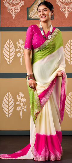Pink and Majenta color Saree in Chiffon fabric with Embroidered, Printed work