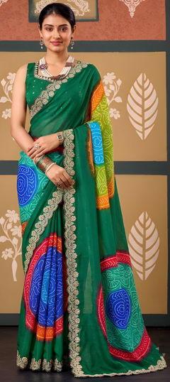 Green color Saree in Chiffon fabric with Embroidered, Printed work