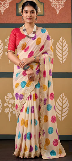 White and Off White color Saree in Chiffon fabric with Embroidered, Printed work