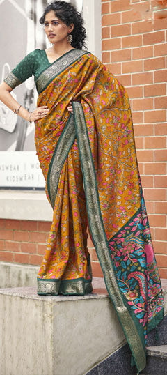 Yellow color Saree in Silk fabric with Printed, Weaving work