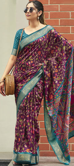 Purple and Violet color Saree in Silk fabric with Printed, Weaving work