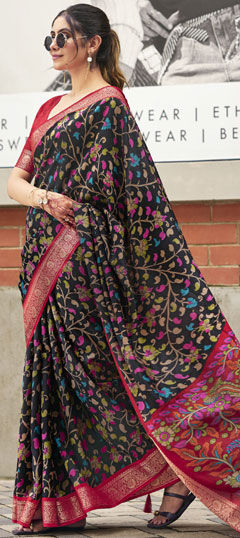 Black and Grey color Saree in Silk fabric with Printed, Weaving work