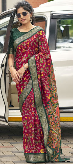 Pink and Majenta color Saree in Silk fabric with Printed, Weaving work