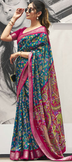 Blue color Saree in Silk fabric with Printed, Weaving work