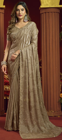 Beige and Brown color Saree in Silk fabric with Cut Dana, Sequence work
