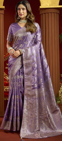 Purple and Violet color Saree in Satin Silk fabric with Stone, Weaving work