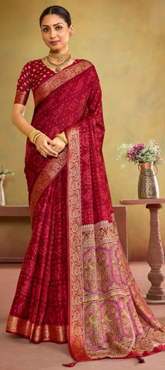 Red and Maroon color Saree in Silk fabric with Weaving work