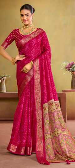 Pink and Majenta color Saree in Silk fabric with Weaving work