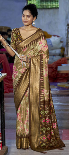 Beige and Brown color Saree in Silk fabric with Floral, Printed, Weaving work