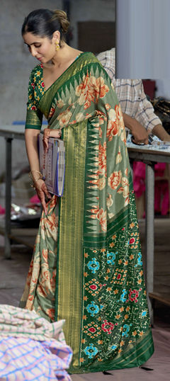 Green color Saree in Silk fabric with Floral, Printed, Weaving work
