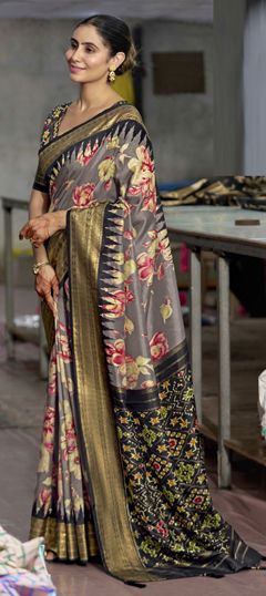 Black and Grey color Saree in Silk fabric with Floral, Printed, Weaving work