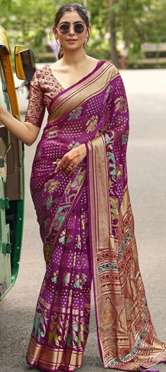 Purple and Violet color Saree in Silk fabric with Bandhej, Printed, Weaving work