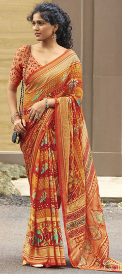 Orange, Yellow color Saree in Silk fabric with Bandhej, Printed, Weaving work
