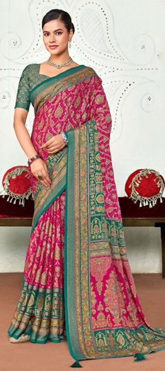Blue, Pink and Majenta color Saree in Silk fabric with Weaving work