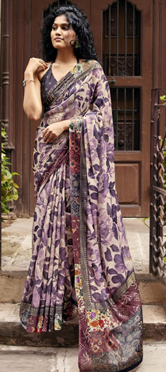 Black and Grey, Purple and Violet color Saree in Silk fabric with Border, Floral, Printed work