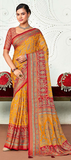 Pink and Majenta, Yellow color Saree in Silk fabric with Weaving work