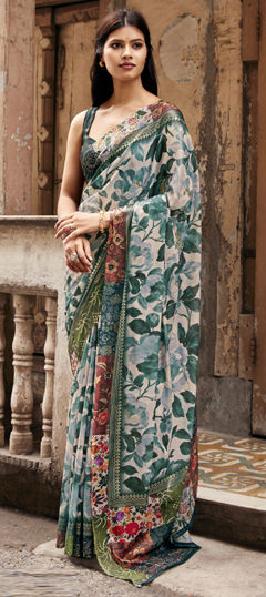 Green, White and Off White color Saree in Silk fabric with Border, Floral, Printed work