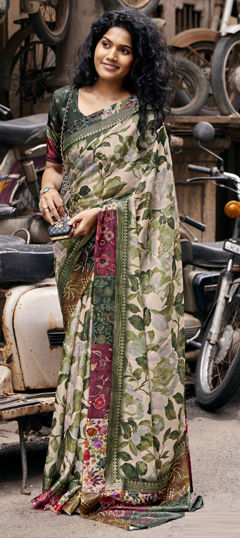 Green, White and Off White color Saree in Silk fabric with Border, Floral, Printed work