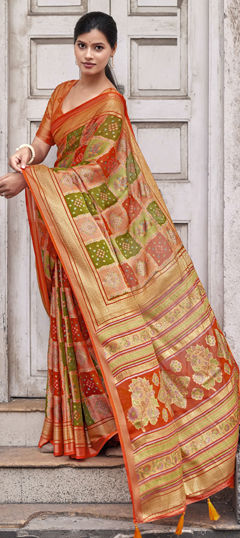 Orange color Saree in Silk fabric with Bandhej, Printed, Weaving work