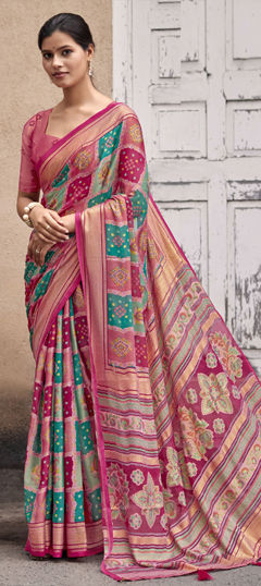 Pink and Majenta color Saree in Silk fabric with Bandhej, Printed, Weaving work