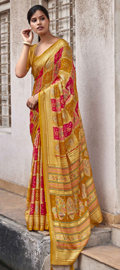 Yellow color Saree in Silk fabric with Bandhej, Printed, Weaving work