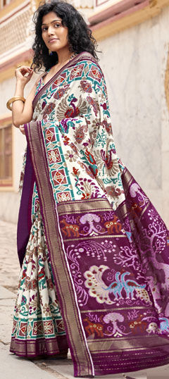 Purple and Violet, White and Off White color Saree in Silk fabric with Printed work